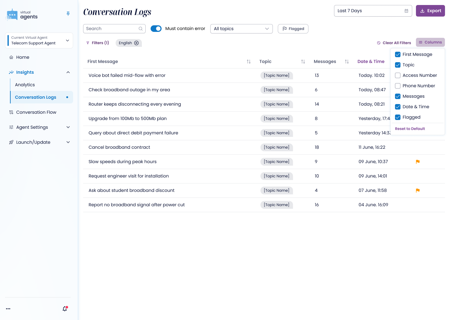 The column menu open over the results table, with checkboxes for each column