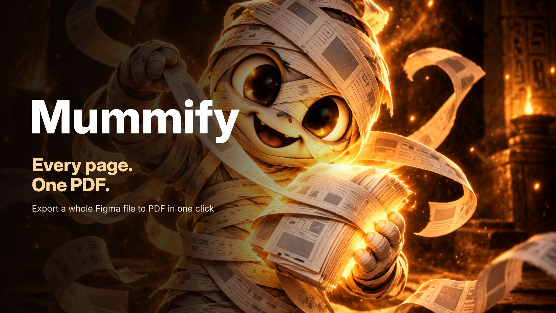 Mummify, a mummy wrapped in printed pages, holding a glowing stack of paper