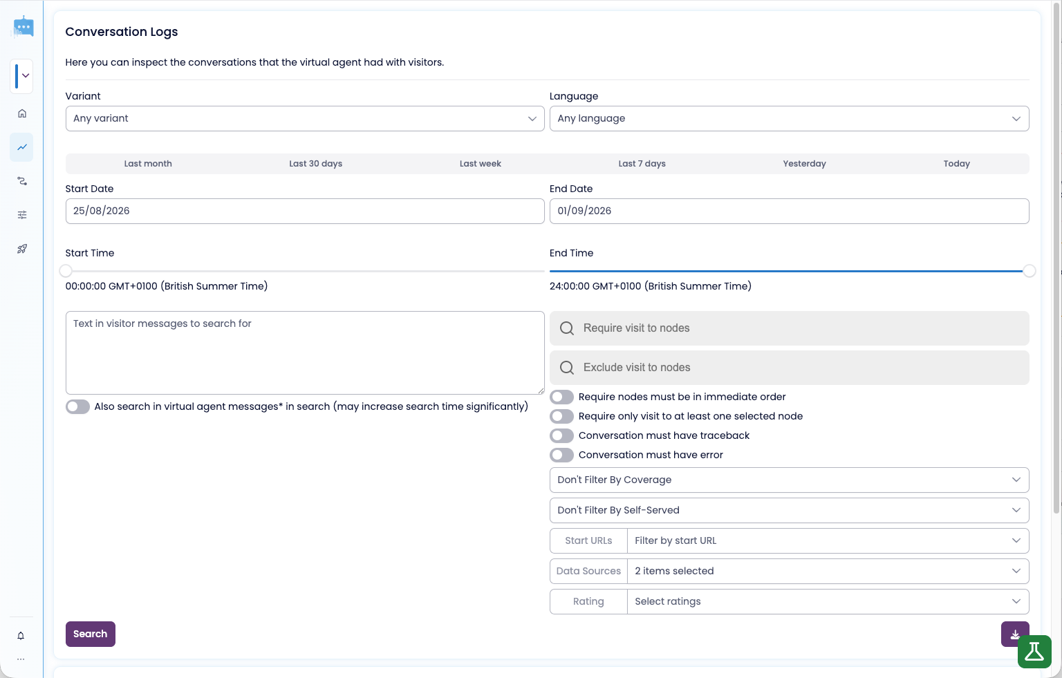 The original page, a long two-column form of filters with no results visible