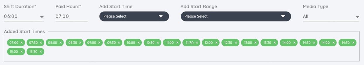 Fields for shift duration, paid hours, start time and start range, with the added start times listed below
