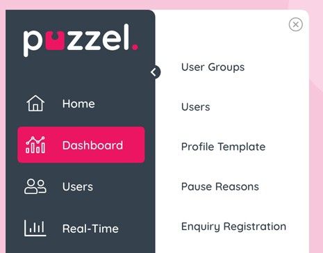 The top of the open submenu with a round close icon in its corner