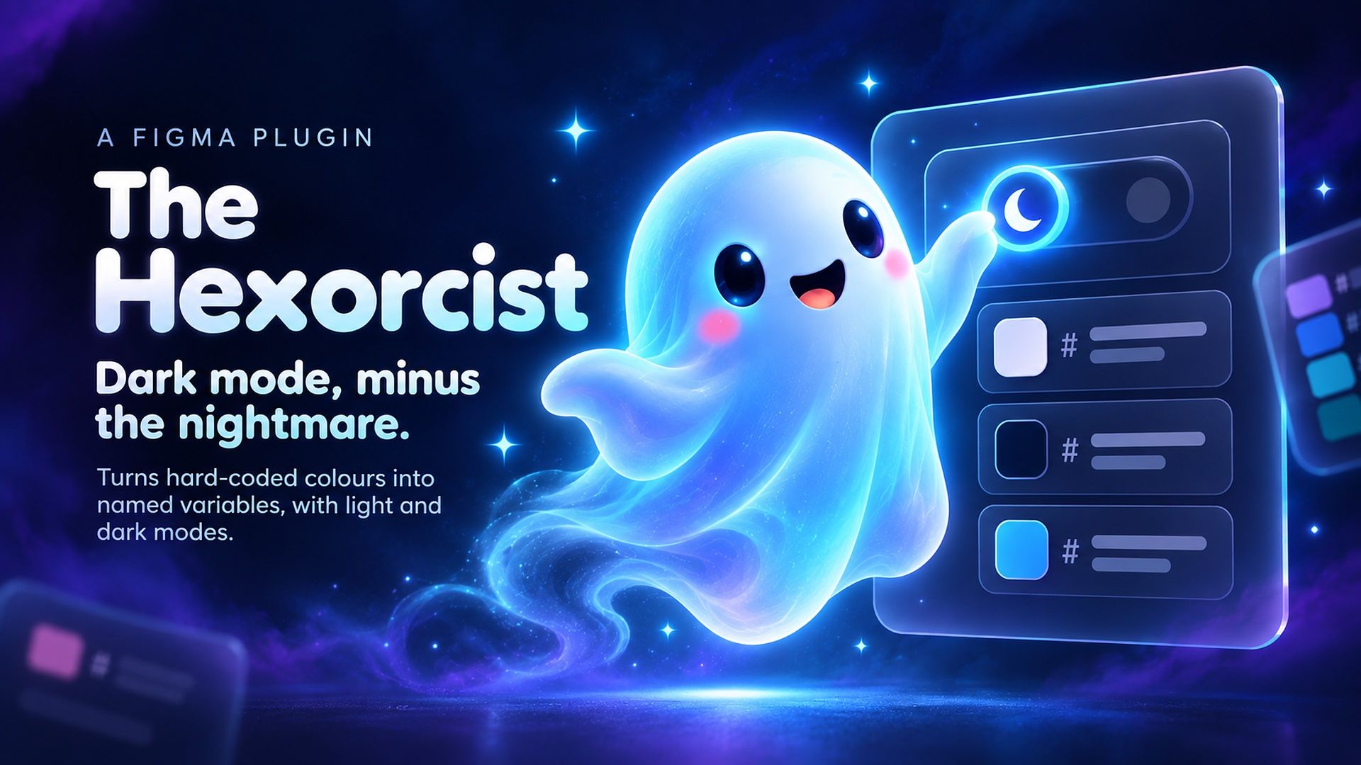 The Hexorcist, a glowing ghost, pressing a dark-mode switch beside colour swatches