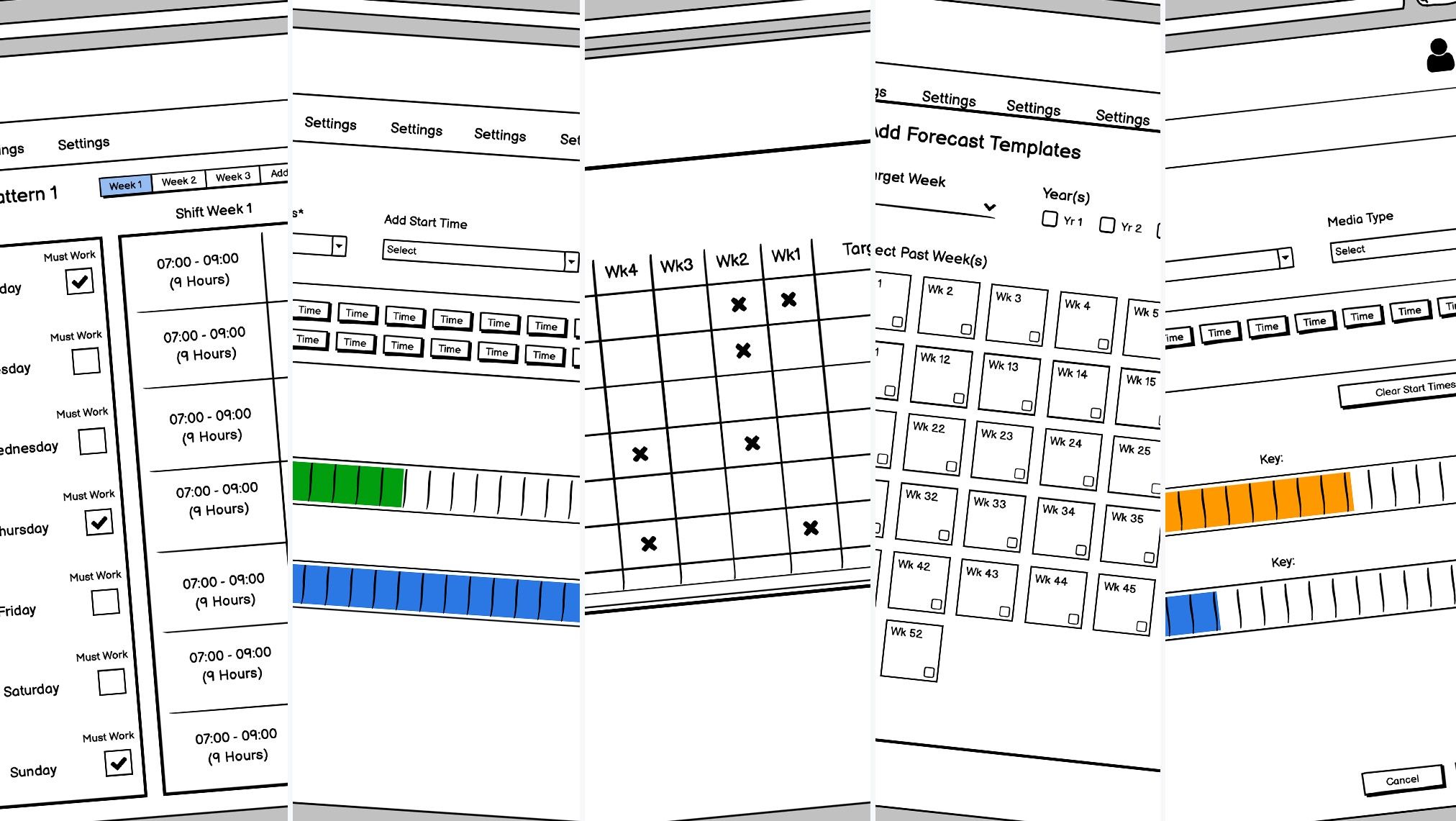 Five wireframe explorations of shift patterns, start times, week grids and timelines